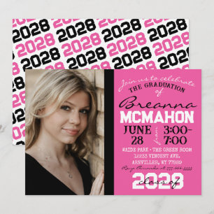 Pink, Black & White Graduation Photo Invitation