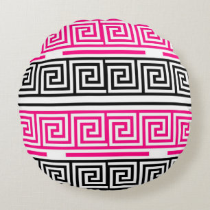 Pink Black White Greek Key Fret Pattern Design Round Pillow