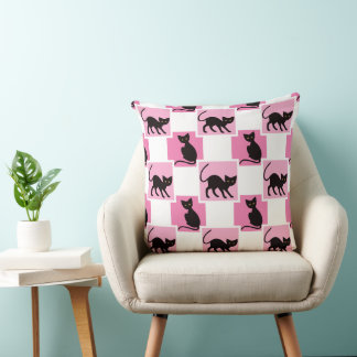 PINK BLACK & WHITE HALLOWEEN BLACK CATS THROW PILLOW