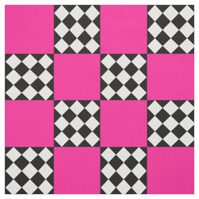 Pink Black White Harlequin Square Shape Textile Fabric (Swatch)