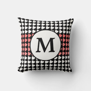 Pink Black White Heart Pattern Monogram Throw Pillow