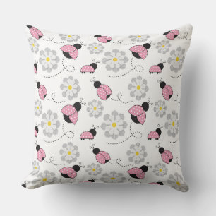 PINK BLACK WHITE LADYBUGS & WHITE DAISIES THROW PILLOW
