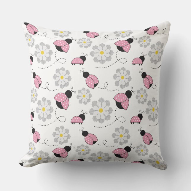 PINK BLACK WHITE LADYBUGS & WHITE DAISIES THROW PILLOW (Front)