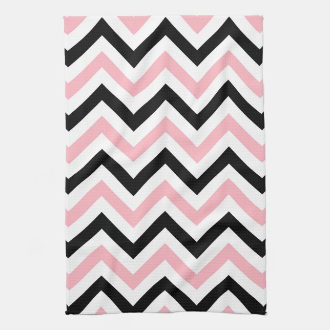 Pink, Black, White Large Chevron ZigZag Pattern Kitchen Towel (Vertical)