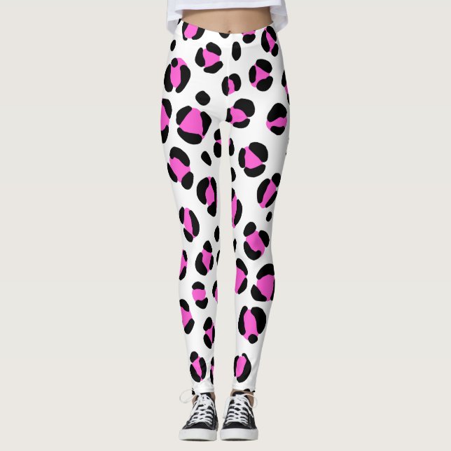 Pink Black White Leopard Animal Print Leggings (Front)