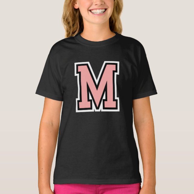 Pink Black White Letter M Monogram Initial College T-Shirt (Front)