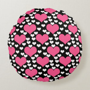Pink Black White Love Hearts Pattern Round Pillow