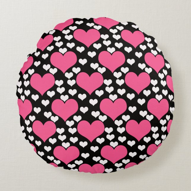Pink Black White Love Hearts Pattern  Round Pillow (Front)