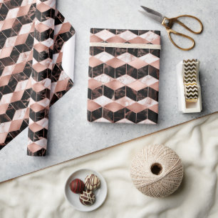 Pink, Black & White Marble Texture Geometric Wrapping Paper
