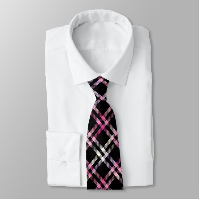 Pink Black White Plaid Pattern Tie (Tied)