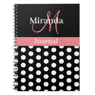 Pink Black White Polka Dot Monogram Notebook