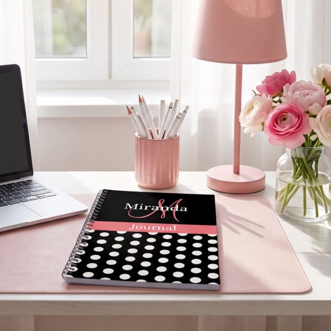 Pink Black White Polka Dot Monogram Notebook (Creator Uploaded)
