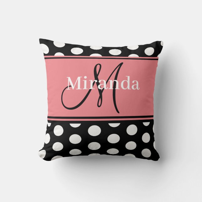 Pink Black White Polka Dots Monogram Script Throw Pillow (Front)