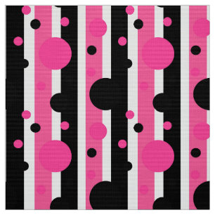 Pink Black White Polka Dots Stripes Fabric