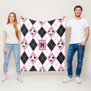 pink black white soccer argyle pattern fleece blanket