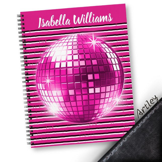 Pink Black White Stripe Disco Ball Spiral Notebook (Creator Uploaded)