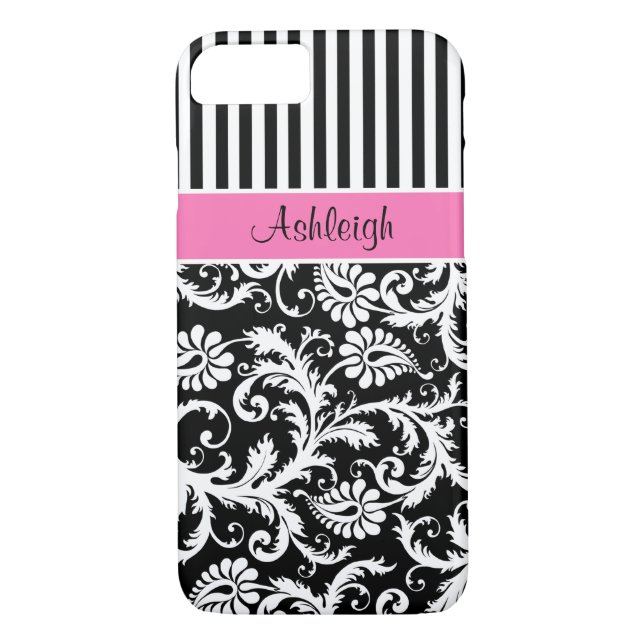 Pink, Black, White Striped Damask iPhone 7 Case (Back)