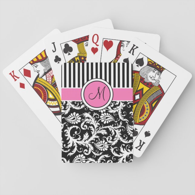 Pink Black White Striped Damask Playing Cards (Back)