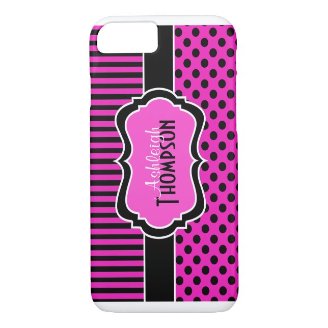 Pink Black White Striped Polka Dots iPhone 7 Case (Back)