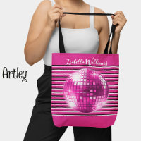 Pink black white stripes disco ball girly name
