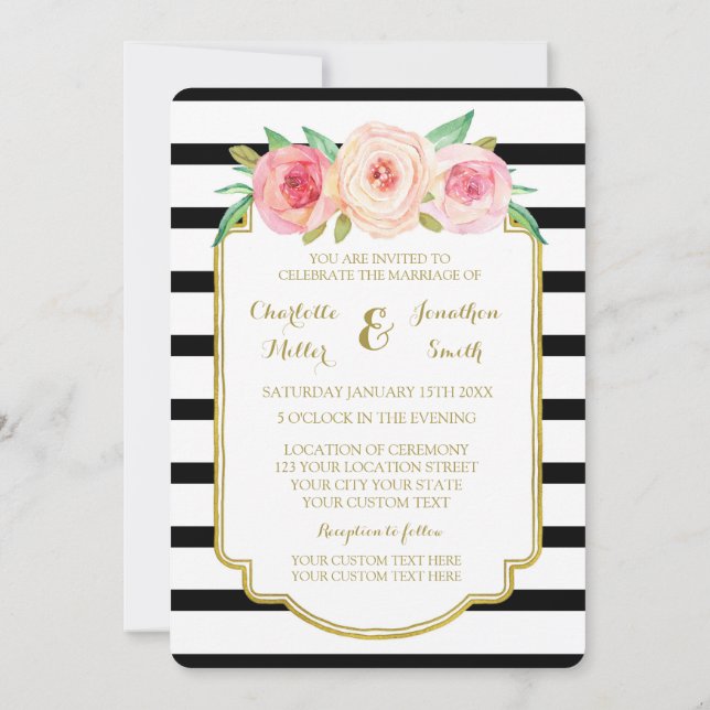 Pink Black White Stripes Gold Wedding Invitations (Back)