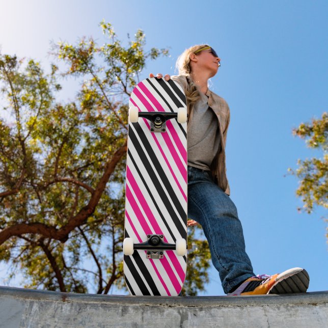 Pink Black White Stripes Pattern Design  Skateboard (Outdoor 1)