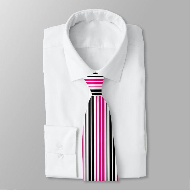 Pink Black White Stripes Pattern Design  Tie (Tied)