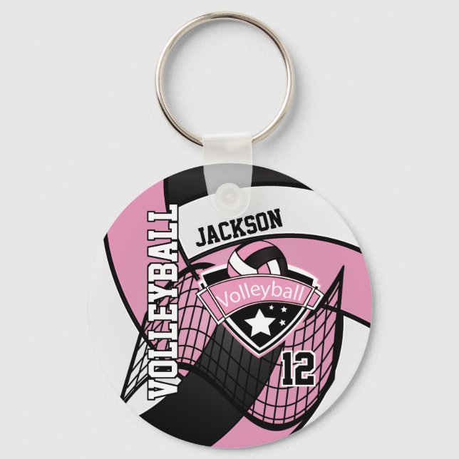 Pink, Black & White Volleyball 🏐 Design Keychain (Front)