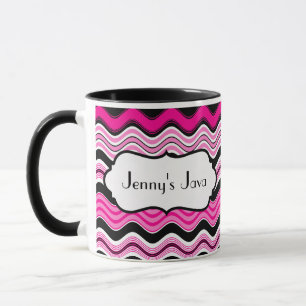 Pink, Black, White Wavy Stripes Personalized Mug