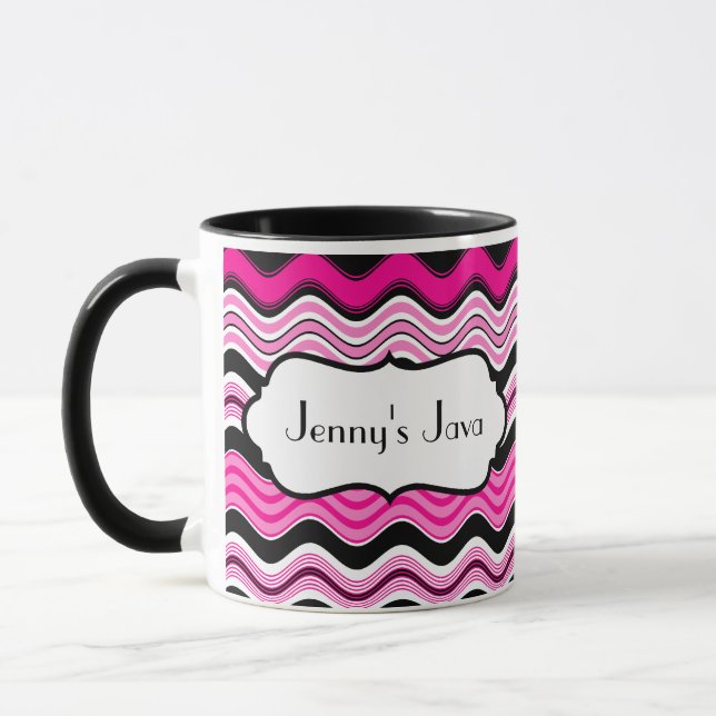 Pink, Black, White Wavy Stripes Personalized Mug (Left)