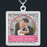 Pink, Black, White Wedding Photo Template Necklace<br><div class="desc">Change the photo and the love verse on this pink, black, and white floral damask wedding or anniversary photo template pendant and necklace. To change the verse and photo, use the personalize option. For more extensive changes to the necklace, including changing the font, font size, font colour, photo size, or...</div>