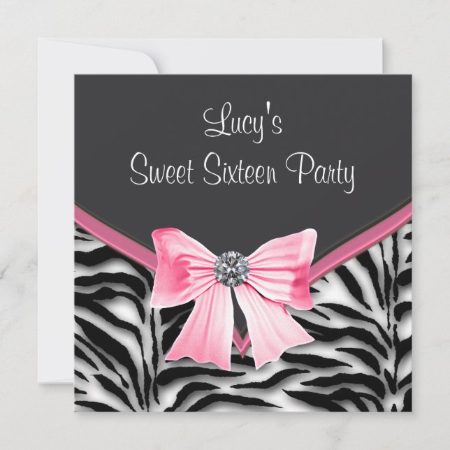 Pink Black White Zebra Sweet 16 Party Invitation (Front)