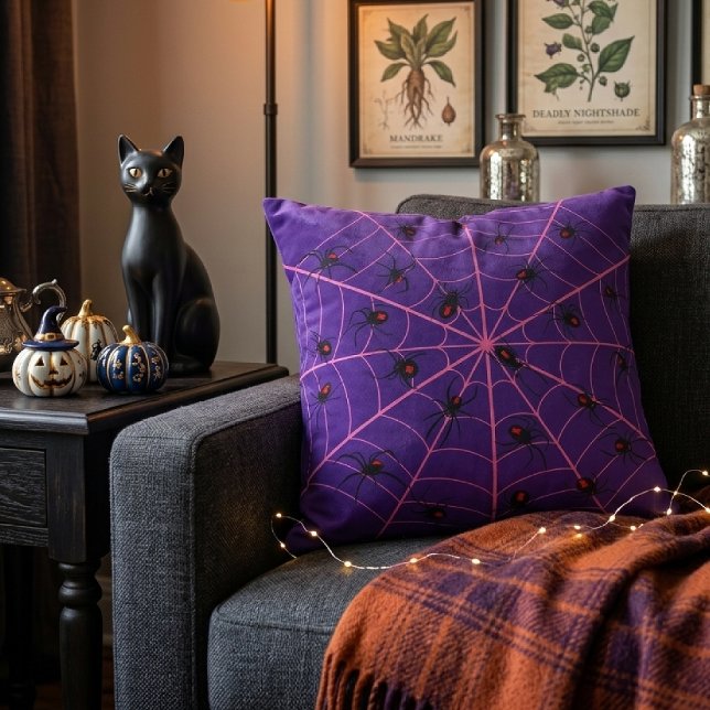 Pink Black Widow Spider Web Art Halloween Pattern Throw Pillow (Creator Uploaded)