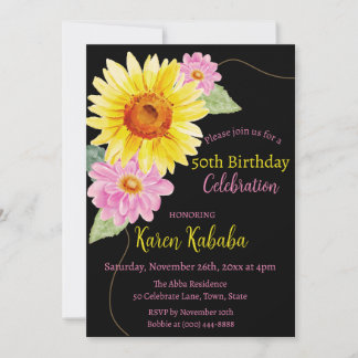 Pink Black Yellow Sunflower Daisy Floral Birthday Invitation