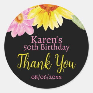 Pink Black Yellow Sunflower Daisy Floral Favour Classic Round Sticker