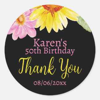 Pink Black Yellow Sunflower Daisy Floral Favour Classic Round Sticker