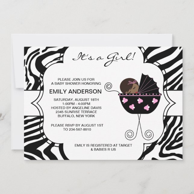 Pink Black Zebra Baby Girl Shower Invitations (Front)