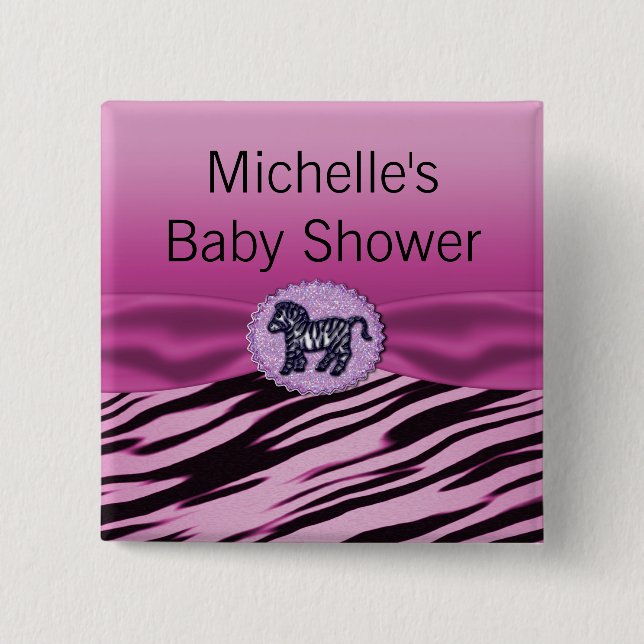 Pink & Black Zebra Glitter Baby Shower 2 Inch Square Button (Front)