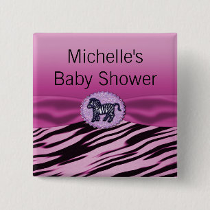 Pink & Black Zebra Glitter Baby Shower 2 Inch Square Button
