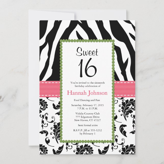 Pink Black Zebra Print Sweet Sixteen Invitation (Front)