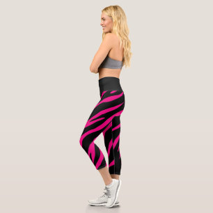 Pink & black zebra stripe animal print high waist capri leggings