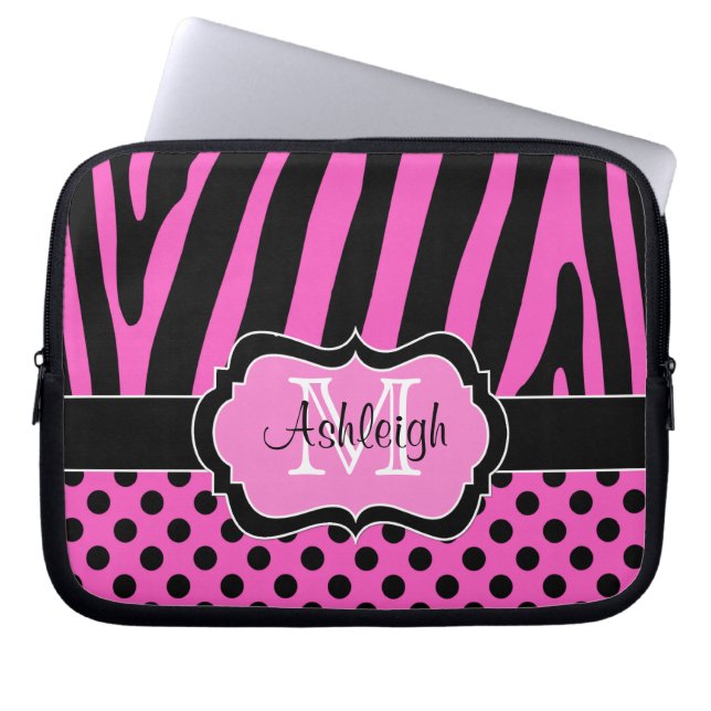 Pink Black Zebra Stripes Polka Dots Laptop Case (Front)