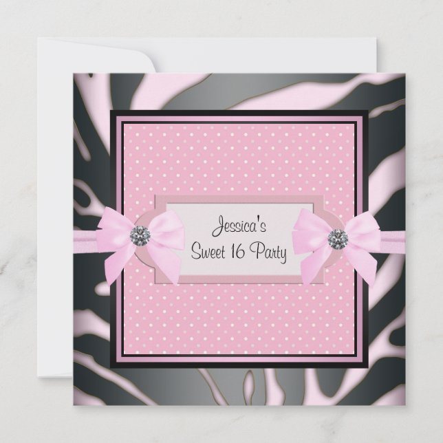 Pink Black Zebra Sweet 16 Birthday Party Invitation (Front)