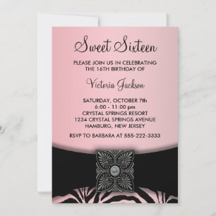 Pink Black Zebra Sweet Sixteen Party Invitation