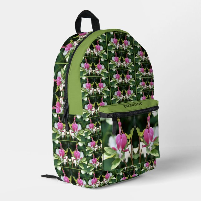 Pink Bleeding Heart Flower Mirror Personalized Printed Backpack (Back Corner Left)