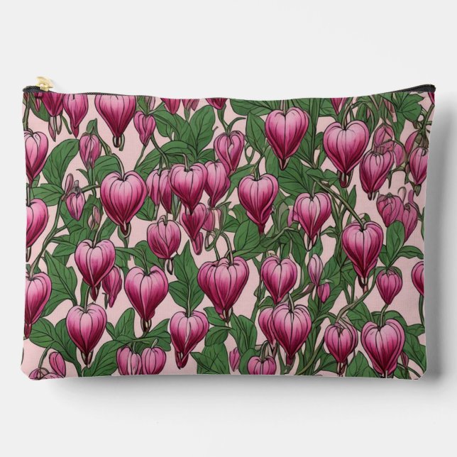 Pink bleeding heart flower pattern accessory pouch (Front)