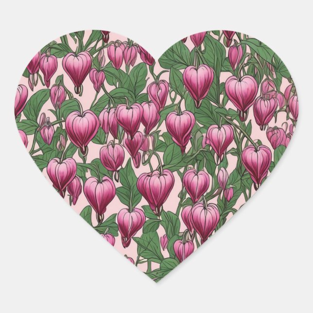 Pink bleeding heart flower pattern heart sticker (Front)
