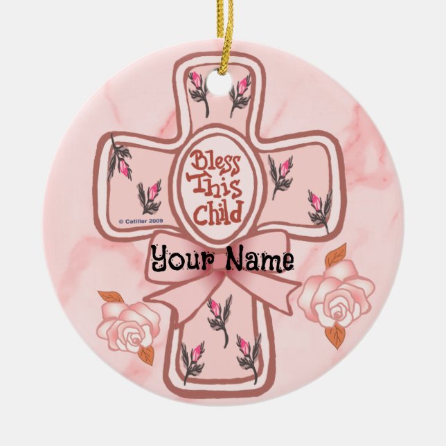 Pink Bless This Child Christian Cross Ornament (Front)