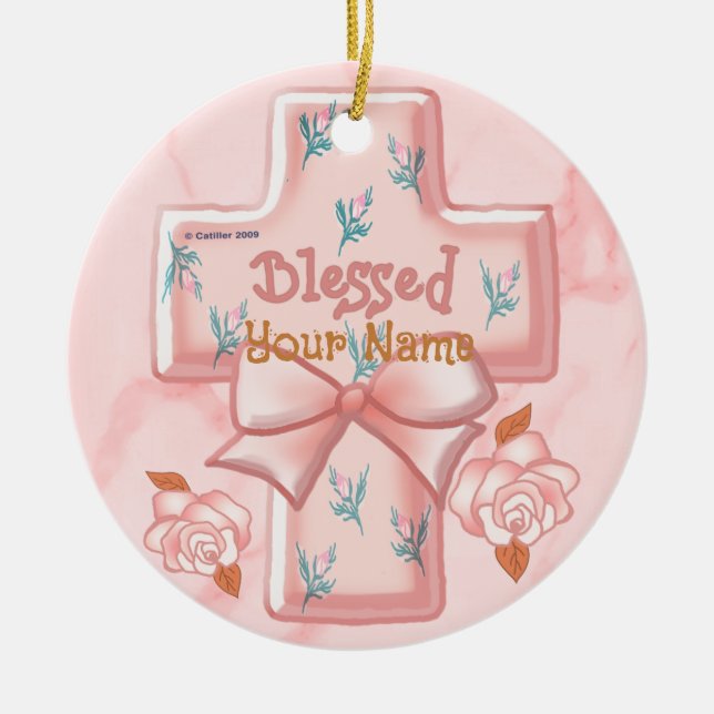 Pink Blessed Christian Cross ornament  (Front)