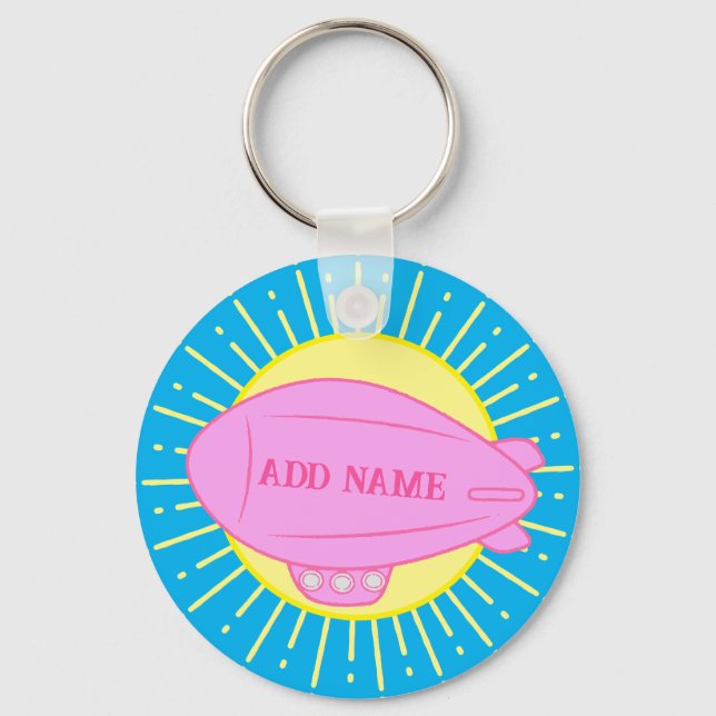 Pink Blimp Balloon Blue Sky Custom Keychain (Back)